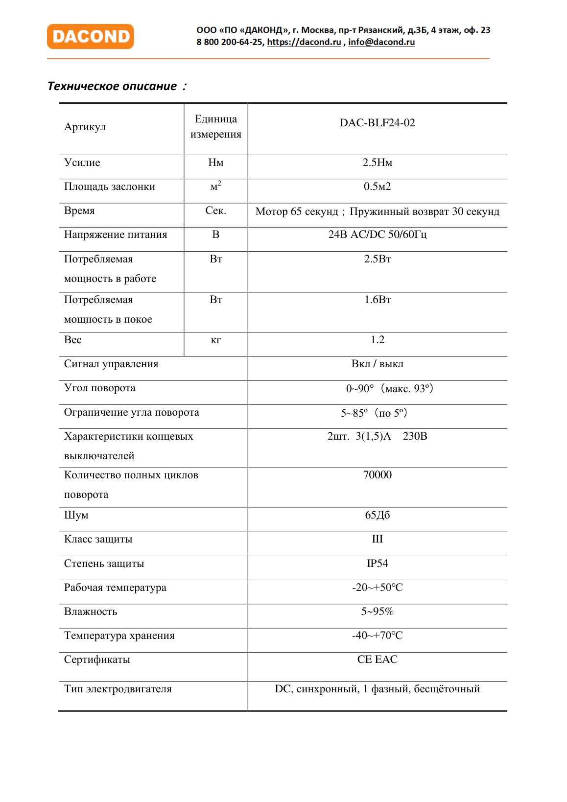 Электропривод DACOND DAC-BLF24-02 (2,5 Н·м, 24 В, для ОЗК, с пружиной)