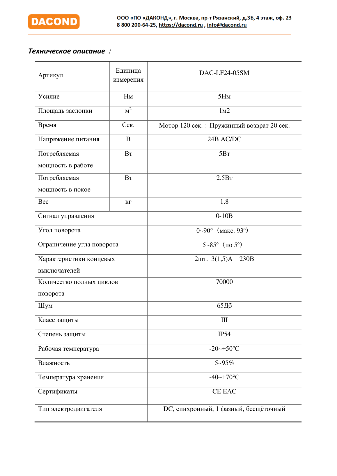 Электропривод DACOND DAC-LF24-05SM (5 Н·м, 24 В, 0–10 В, с возвратной пружиной)
